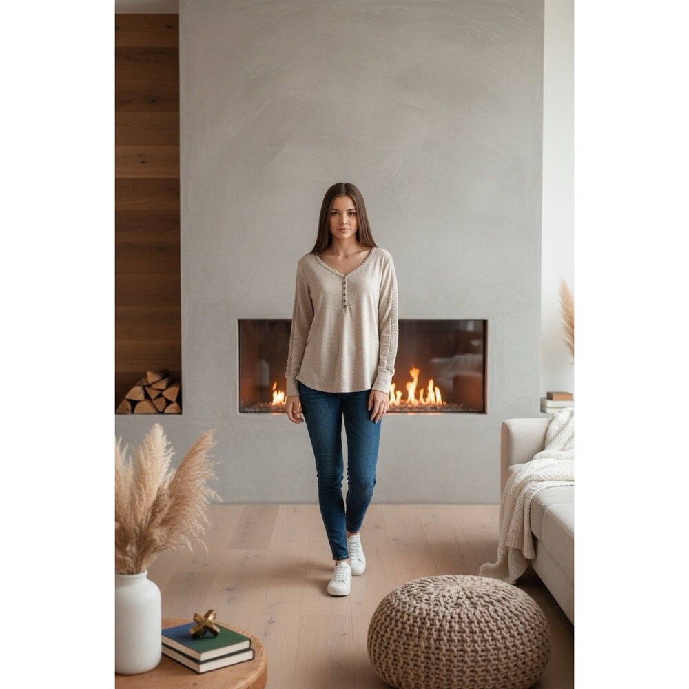 Time And Tru Women’s Cozy Henley Placket Beige Shirt Size M Cable Knit Sleeve